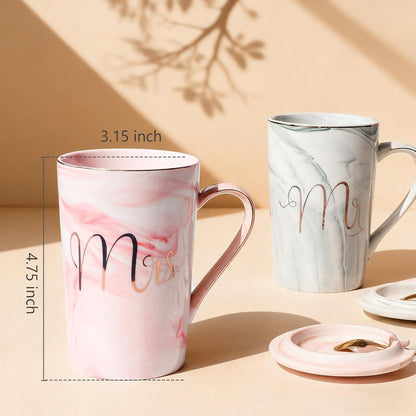 Mr and Mrs Coffee Mugs Set - Wedding Gifts For Bride and Groom - Gifts for Bridal Shower Engagement Wedding and Anniversary Christmas Valentine's day - Marble-patterned Ceramic Cups 14 Oz