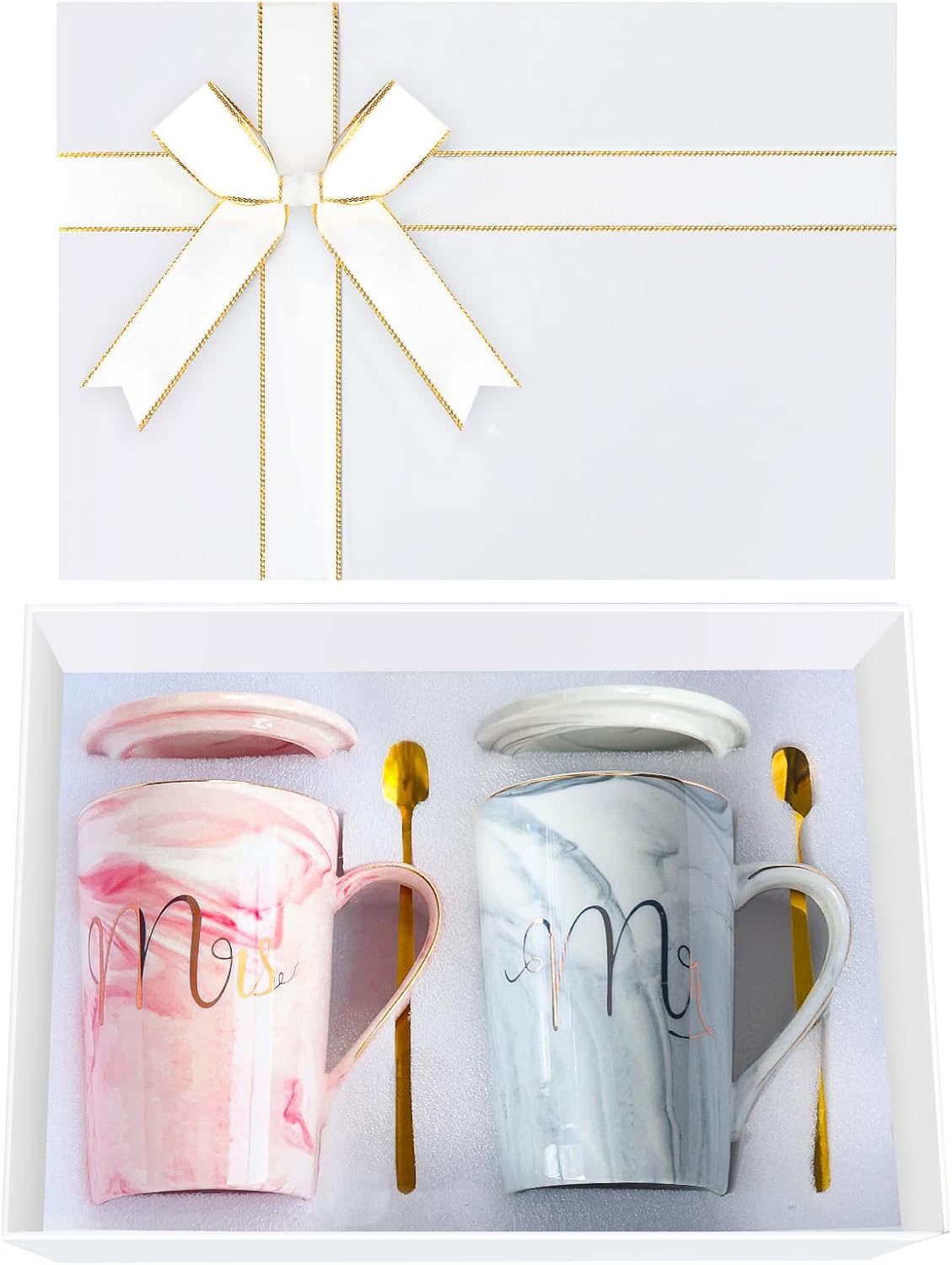 Mr and Mrs Coffee Mugs Set - Wedding Gifts For Bride and Groom - Gifts for Bridal Shower Engagement Wedding and Anniversary Christmas Valentine's day - Marble-patterned Ceramic Cups 14 Oz