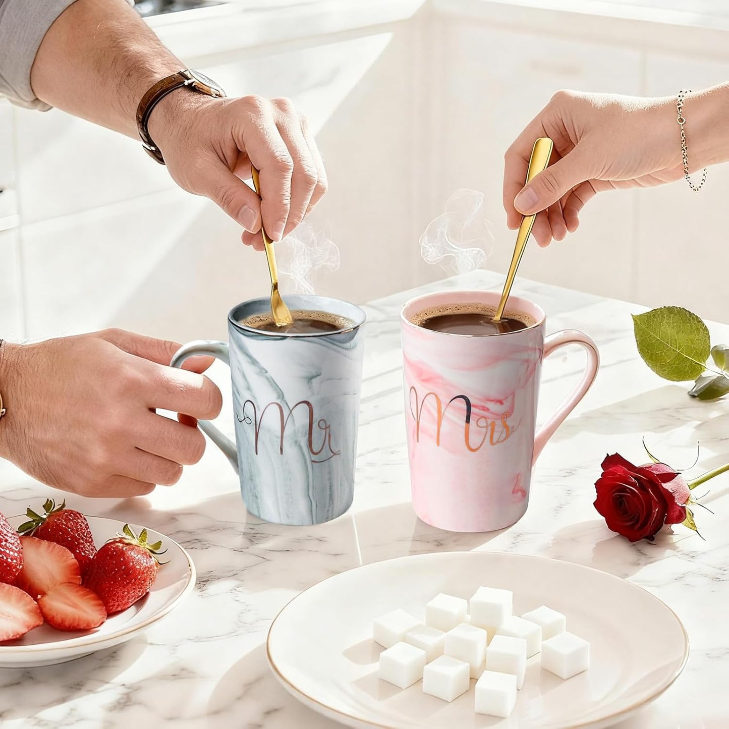 Mr and Mrs Coffee Mugs Set - Wedding Gifts For Bride and Groom - Gifts for Bridal Shower Engagement Wedding and Anniversary Christmas Valentine's day - Marble-patterned Ceramic Cups 14 Oz