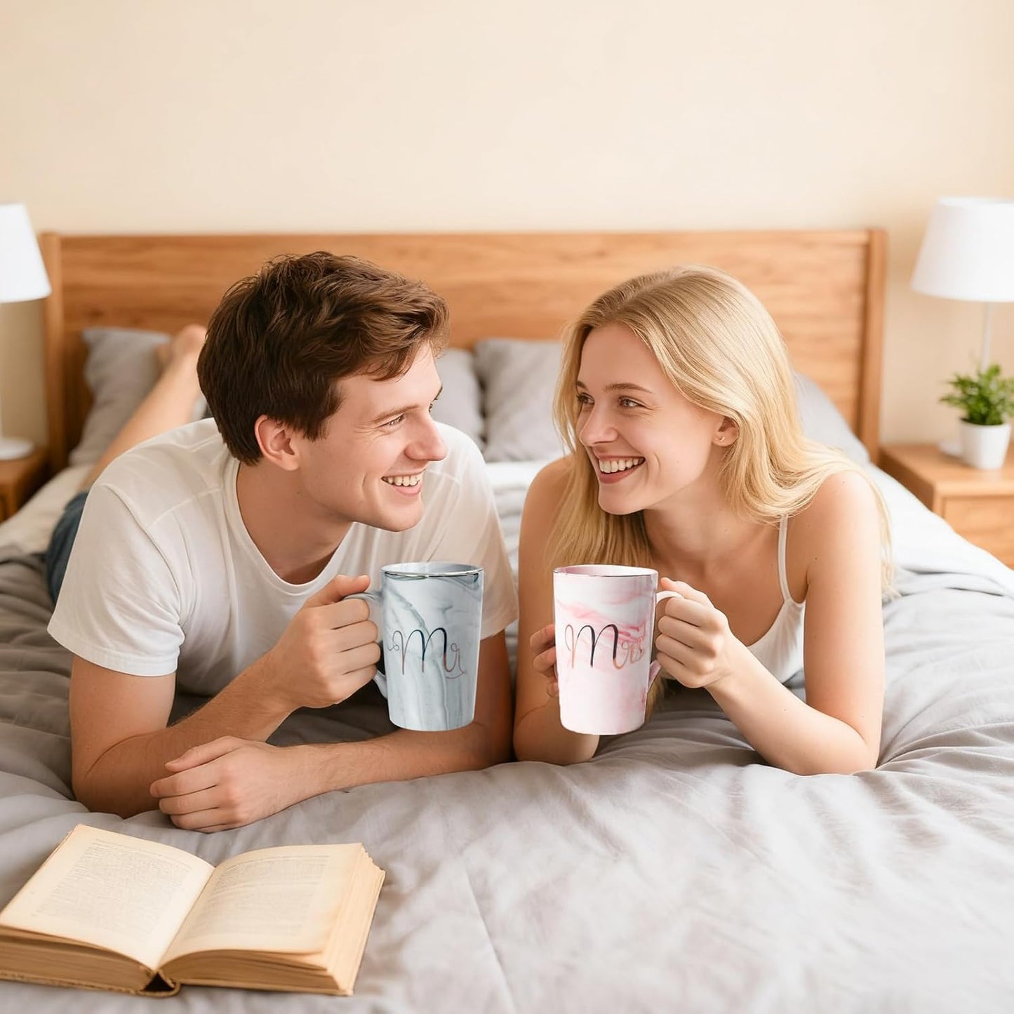 Mr and Mrs Coffee Mugs Set - Wedding Gifts For Bride and Groom - Gifts for Bridal Shower Engagement Wedding and Anniversary Christmas Valentine's day - Marble-patterned Ceramic Cups 14 Oz
