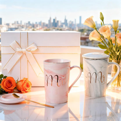 Mr and Mrs Coffee Mugs Set - Wedding Gifts For Bride and Groom - Gifts for Bridal Shower Engagement Wedding and Anniversary Christmas Valentine's day - Marble-patterned Ceramic Cups 14 Oz