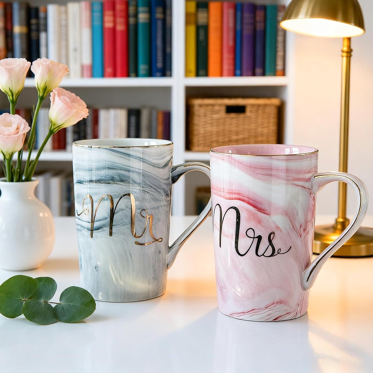 Mr and Mrs Coffee Mugs Set - Wedding Gifts For Bride and Groom - Gifts for Bridal Shower Engagement Wedding and Anniversary Christmas Valentine's day - Marble-patterned Ceramic Cups 14 Oz