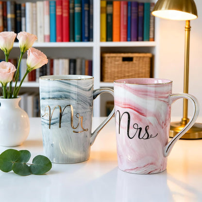 Mr and Mrs Coffee Mugs Set - Wedding Gifts For Bride and Groom - Gifts for Bridal Shower Engagement Wedding and Anniversary Christmas Valentine's day - Marble-patterned Ceramic Cups 14 Oz