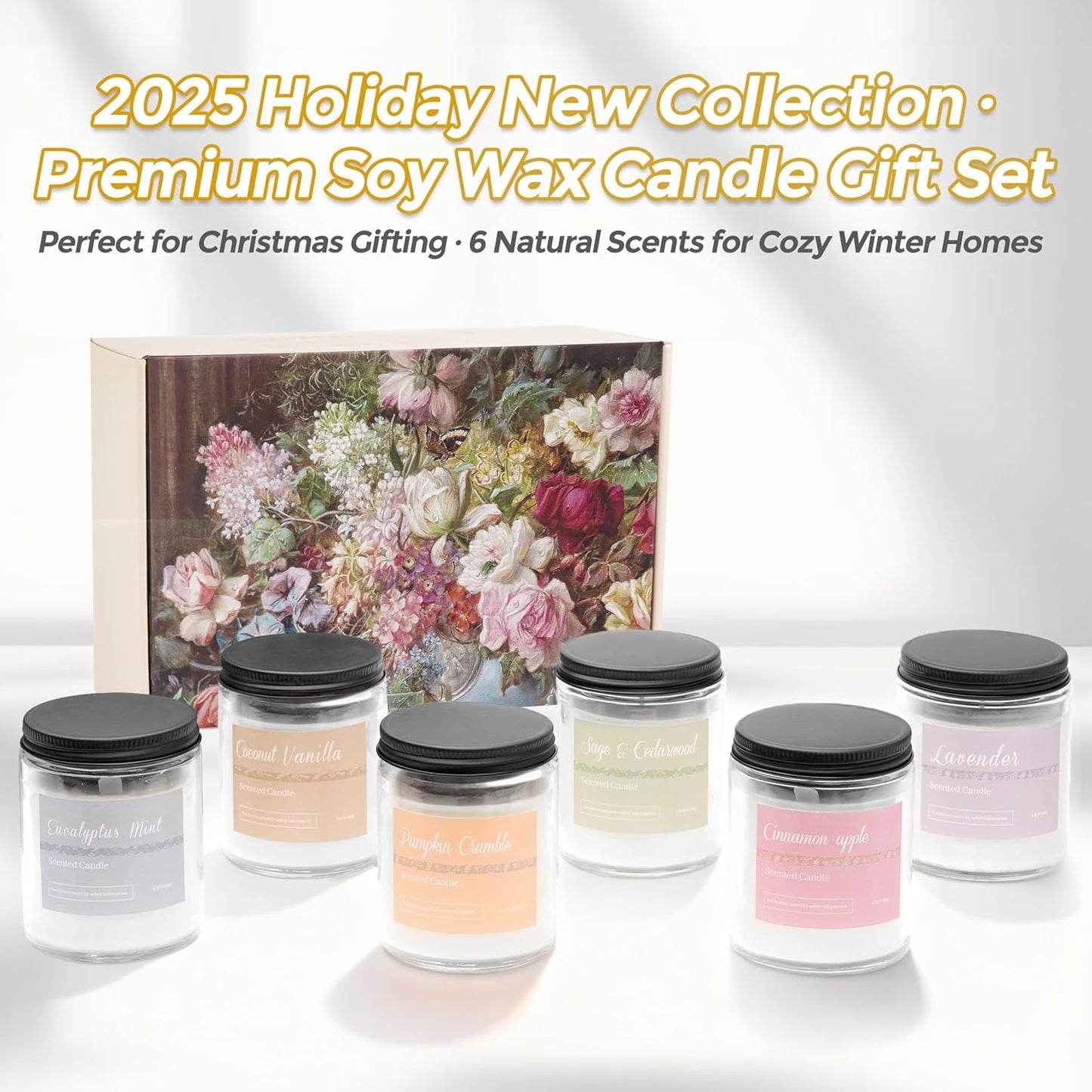 Holiday Scented Candle Gift Set, 6 Pack Natural Soy Candles for Home, Long Lasting Christmas Gifts for Women, Men, Friends & Family, Winter Aromatherapy Candle Set for Relaxing & Home Décor